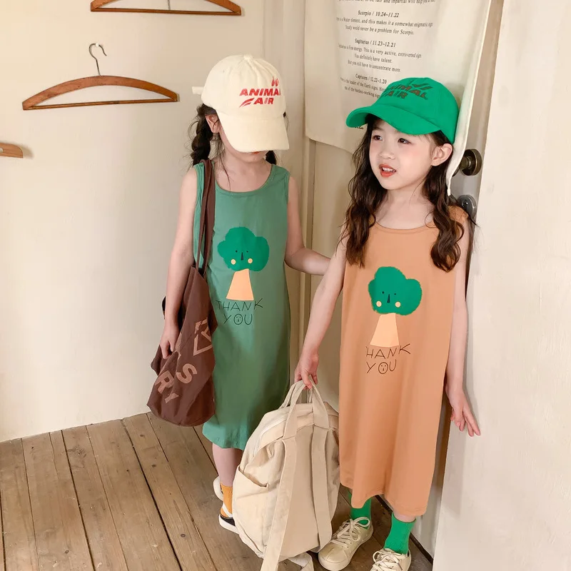 

Новинка 2022, Летнее Детское платье MILANCEL, платье-жилет с мультяшным принтом деревьев, хлопковые топы для девочек, детская одежда