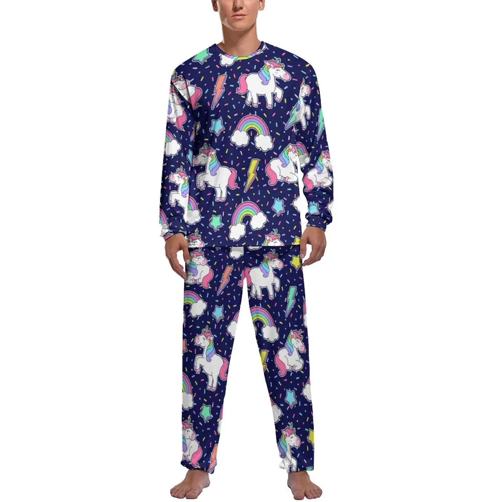 Cute Unicorn Pajamas Men Rainbow Star Kawaii Nightwear Daily Long-Sleeve 2 Pieces Sleep Custom Pajama Sets