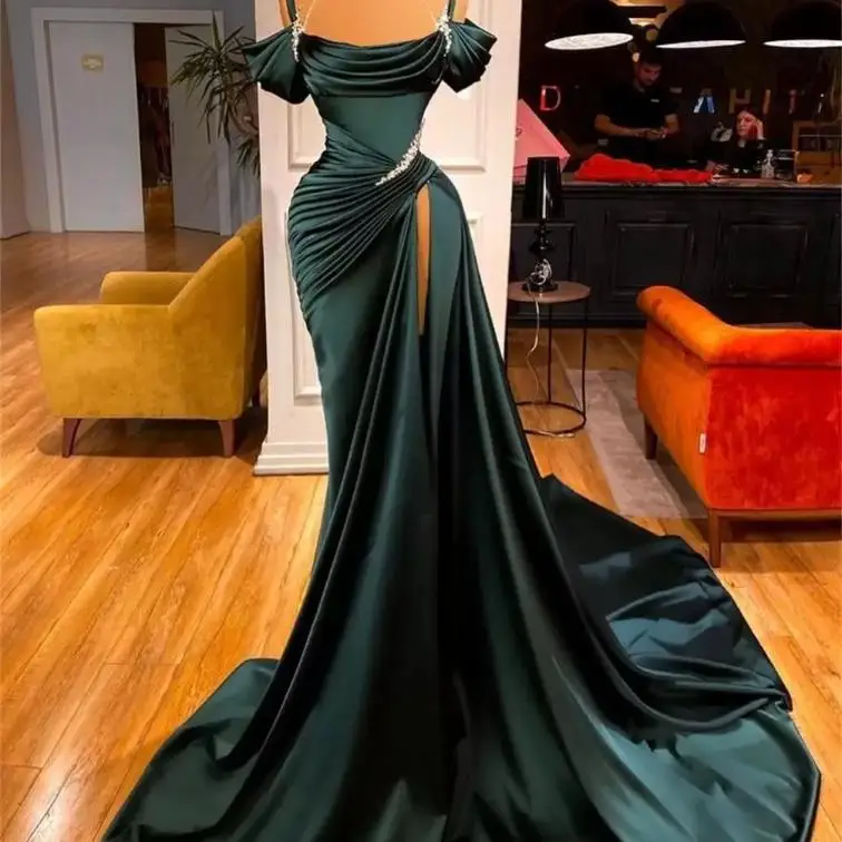 

Женское атласное платье-русалка, темно-зеленое плиссированное платье на тонких бретелях со шлейфом, официальное платье для выпускного вече...