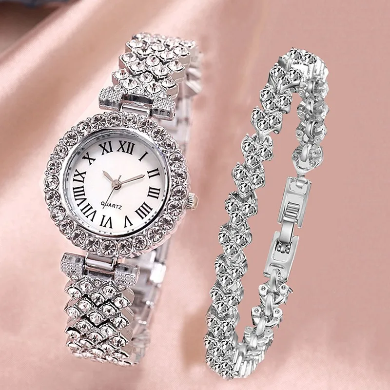 2PCS Fashion Trend Business Versatile Luxury Diamond Set Sky Star Elegant Quartz Watch Set Diamond Bracelet Set
