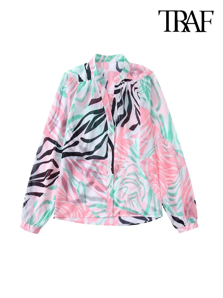 

Блузка женская полупрозрачная на пуговицах с длинным рукавом и принтом животных