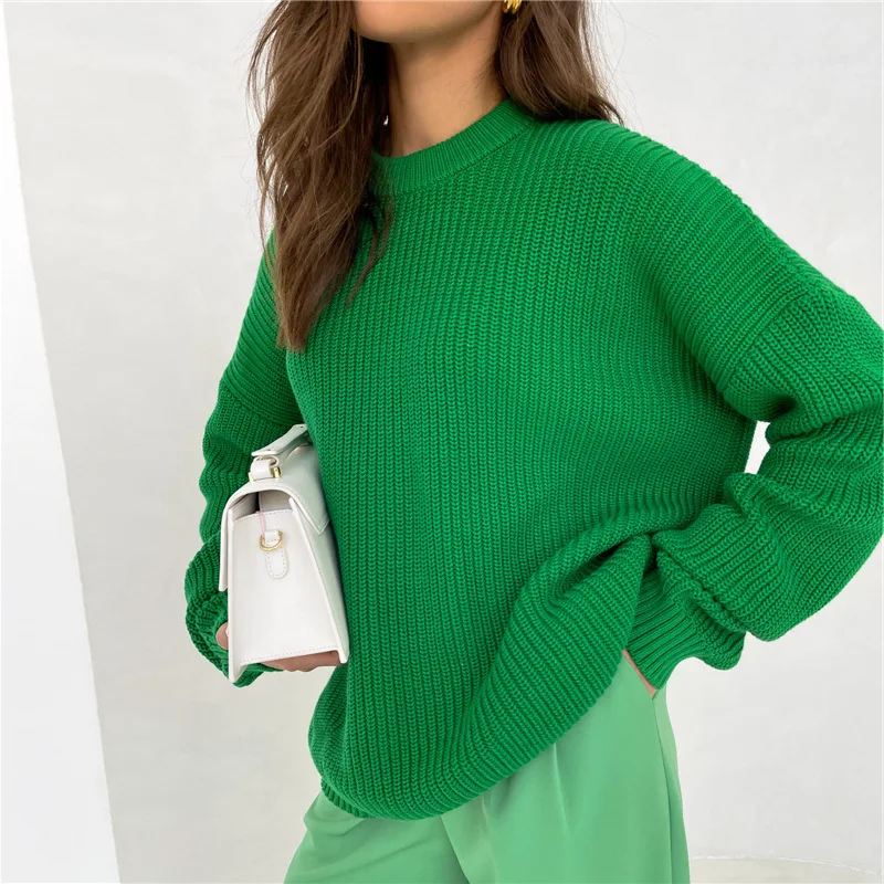 

Autumn Winter Women Knitted Pullovers Female Solid Color Sweater Ladies Long Sleeve Loose Sweater Casual Tops