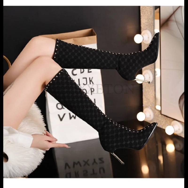 

Pointed Women's Long Boots Fashion Sexy Rivet Women High Boots Heels Shoes Thin Heels Simple Fashion Pumps Botas Femininas