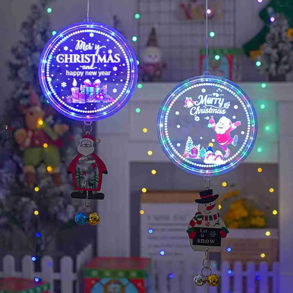 

3D Round Disc Merry Christmas Hanging Lights LED Santa Xmas Tree Decoration for Window Curtain Wall Hanging Lamp 2023 New Year