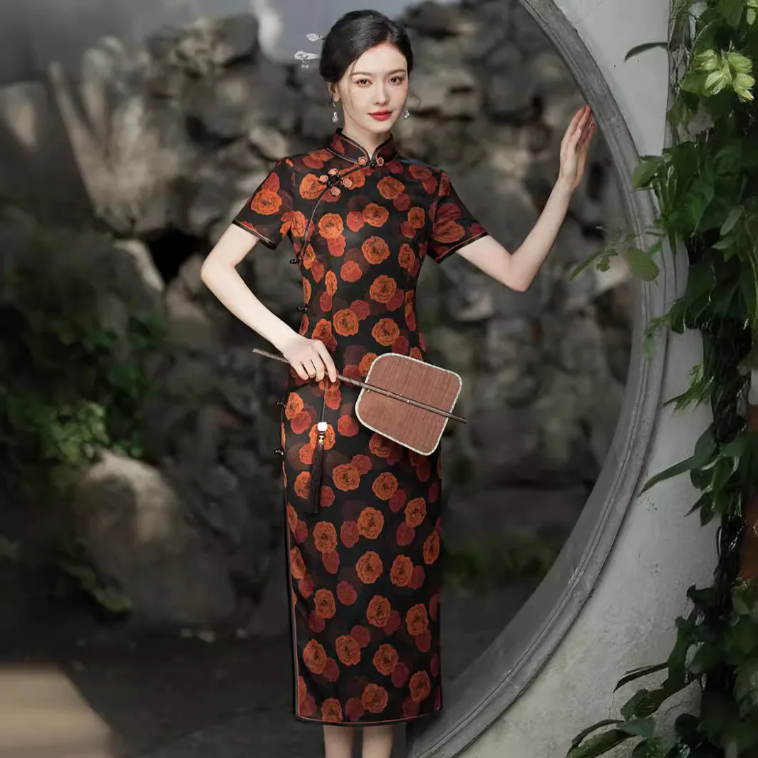 Тяжелое женское шелковое платье Чонсам из Гуандуна новинка 2024 улучшенное