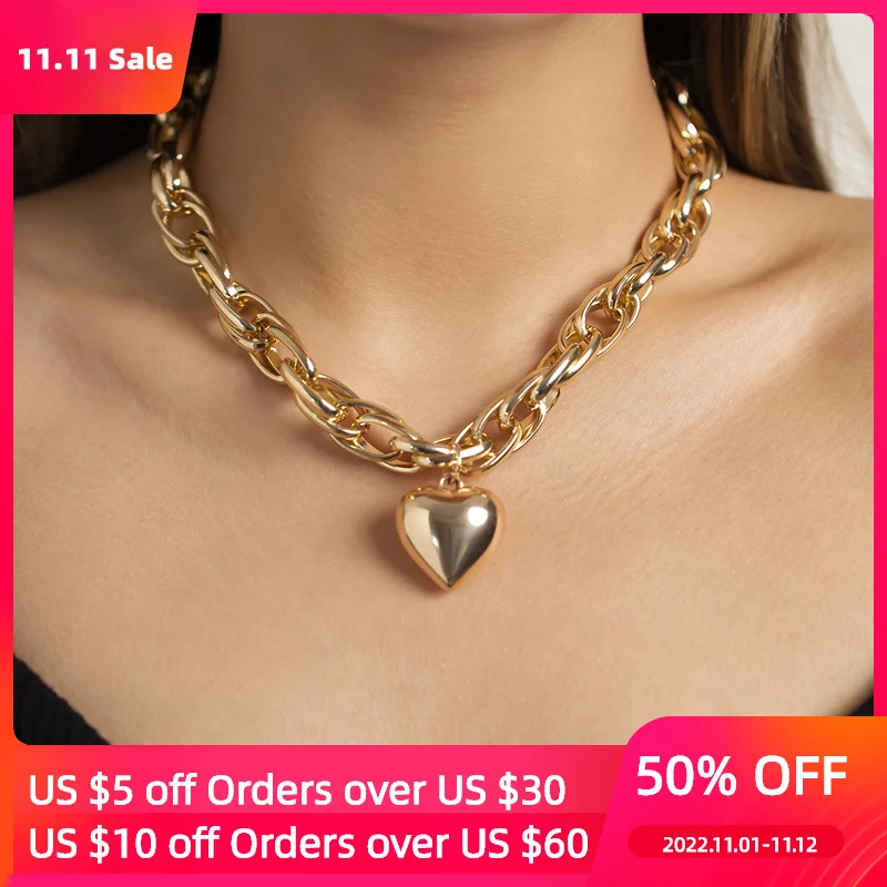

Ailodo Hiphop Heart Pendant Necklace For Women Punk Gold Silver Color Thick Chain Statement Necklace Fashion Jewelry Girls Gift
