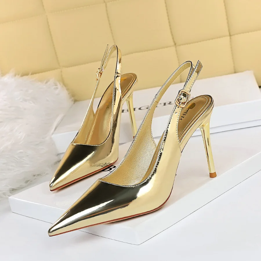 

Metallic High Heels Buckle Strap Sandals Pointed Toe Outdoor Stiletto Summer Shallow Women Shoes Slingback Zapatillas Mujer