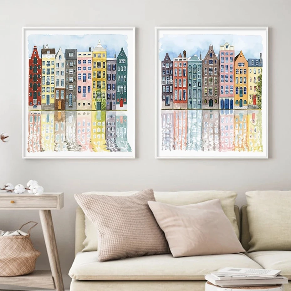 

Poster Print Watercolor Hand Drawn Facades of Old Colorful Buildings Canvas Painting Wall Art Picture for Living Room Home Decor