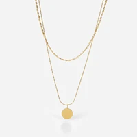 temperament gold color round coin pendant necklaces for women femme double layers beads chain stainless steel necklace jewellery