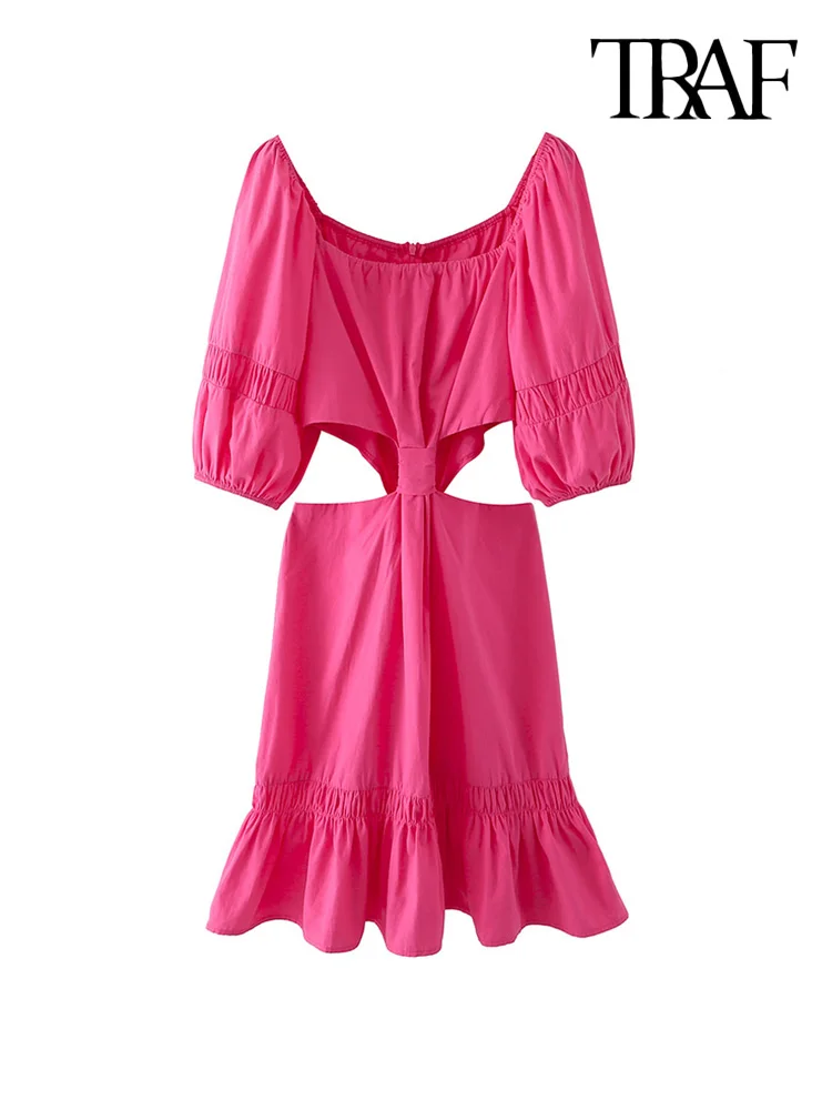 

TRAF Women Fashion Hollow Out Ruffled Mini Dress Vintage Square Collar Short Sleeve Female Dresses Vestidos Mujer