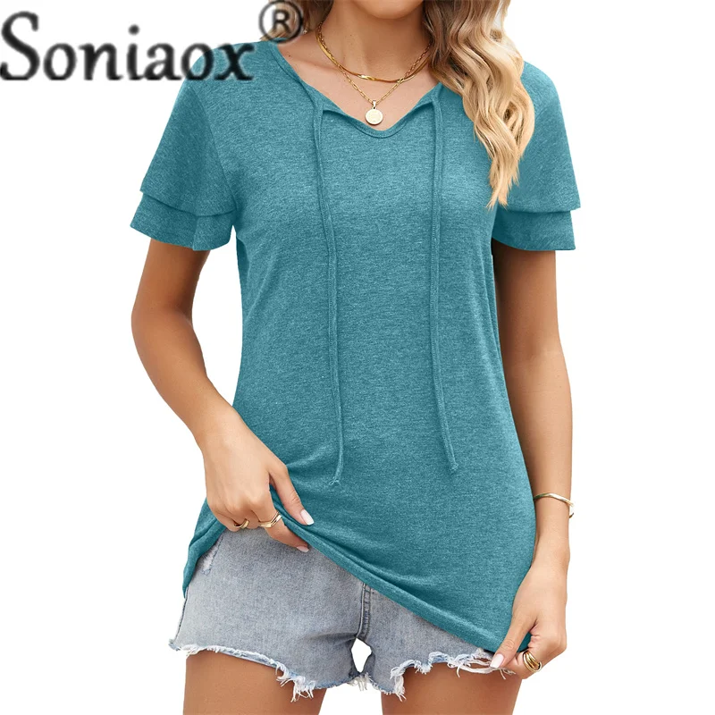 

Elegant Double Petal Sleeve Splicing V Neck Strap T-Shirt Women's Solid Color Loose Casual Tees Female Summer Urban Commuter Top