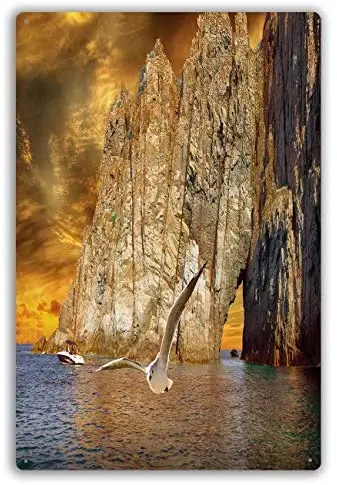 

Metal Sign Landscape Sea White Rock Seagull Sky Sunset Clouds