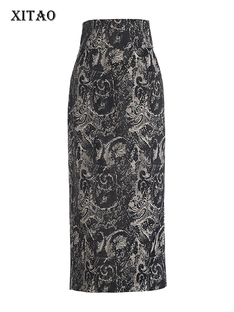 

XITAO/2023 г. Осенняя Однотонная юбка до середины голени с принтом, с разрезом, с высоким содержанием отходов, Новое поступление, модная, подходящая ко всему LYD1459