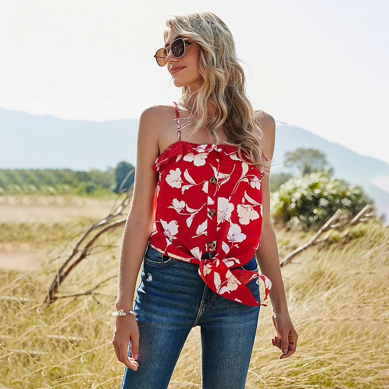 

Summer Sexy Red Floral Camisole Women Single Breasted Sleeveless Tops New Cottagecore Aesthetic Clothes Fashion Ruffles Camisole