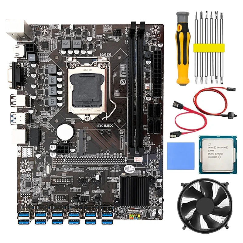 B250C BTC Mining Motherboard With G3900 CPU+Thermal Pad+Fan+Switch Cable+Screwdriver 12 USB3.0 Slots LGA1151 DDR4 MSATA