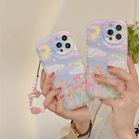 aesthetic painting phone case with lanyard for iphone 11 12 13 pro max xr xs x moon cloud flower lens protect round back cover