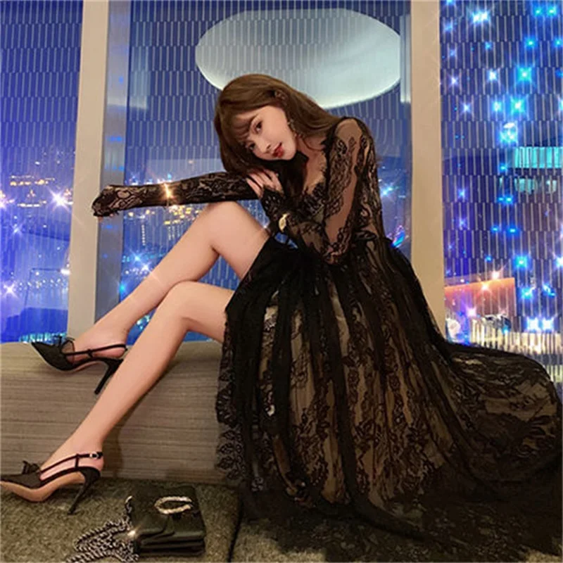Женское длинное кружевное платье D &amp M элегантное черное в стиле ретро с длинным