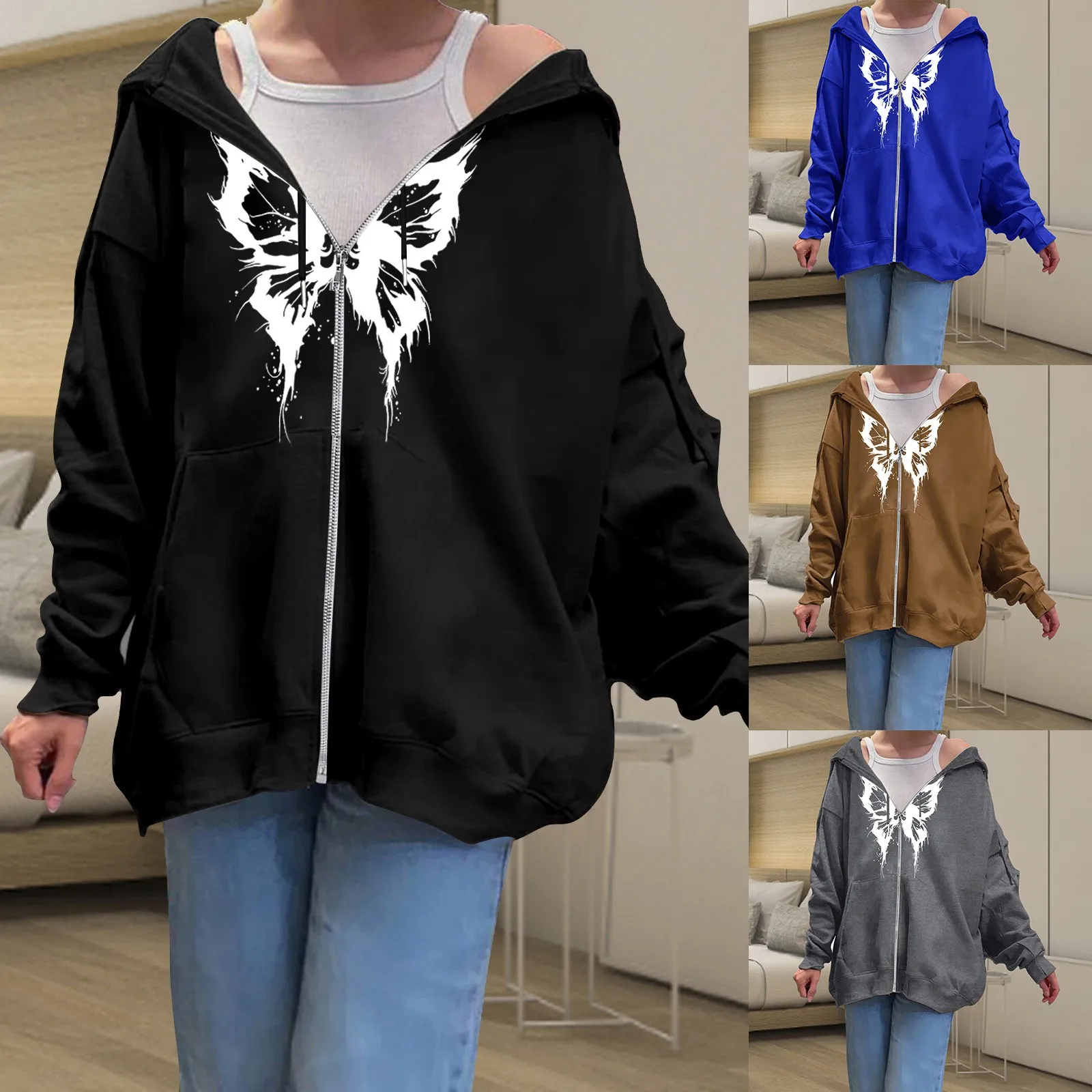 

Women Butterfly Print Casual Hoodie Neck Zipper Loose Lightweight Tops Snap Pullover