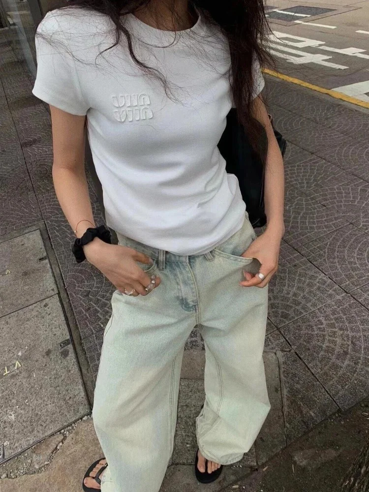 Большие размеры белая футболка с вышивкой букв Choic женская короткими рукавами 24