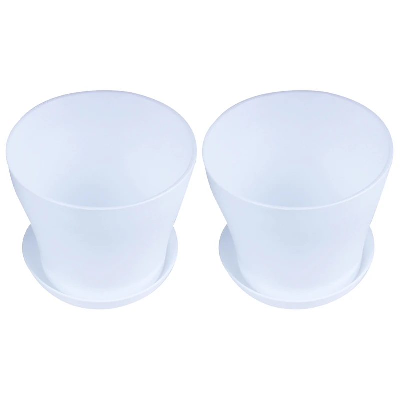 

2X Plastic Plant Flower Pot Planter With Saucer Tray Round Gloss Home Garden Decor, White Upper Caliber -, 14Cm