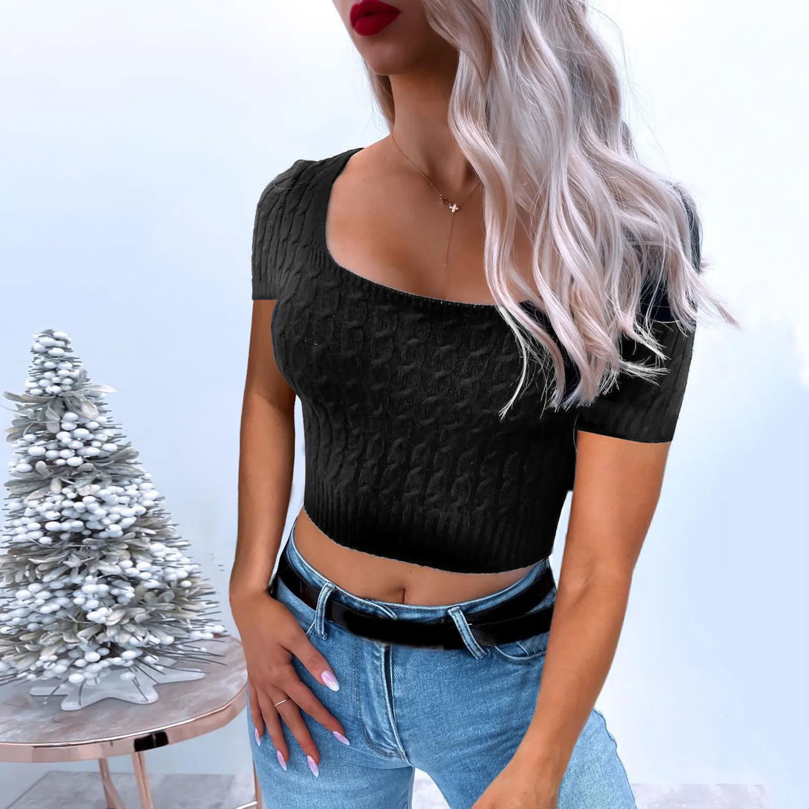 

Women Tshirt Solid Crop Top Harajuku Korean Fashion Casual Square Collar Short Sleeve Graphic Tees Slim Kawaii Sexy Top Футболка