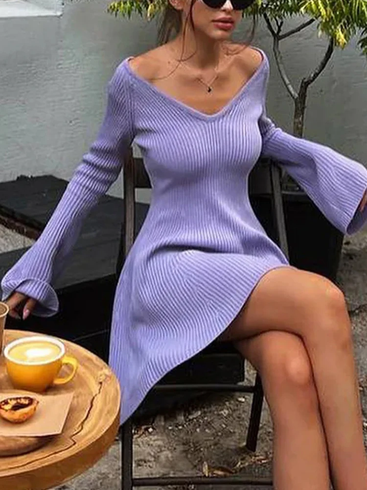 Женское Однотонное Трикотажное Платье С Длинными Рукавами И Оборками По Подолу