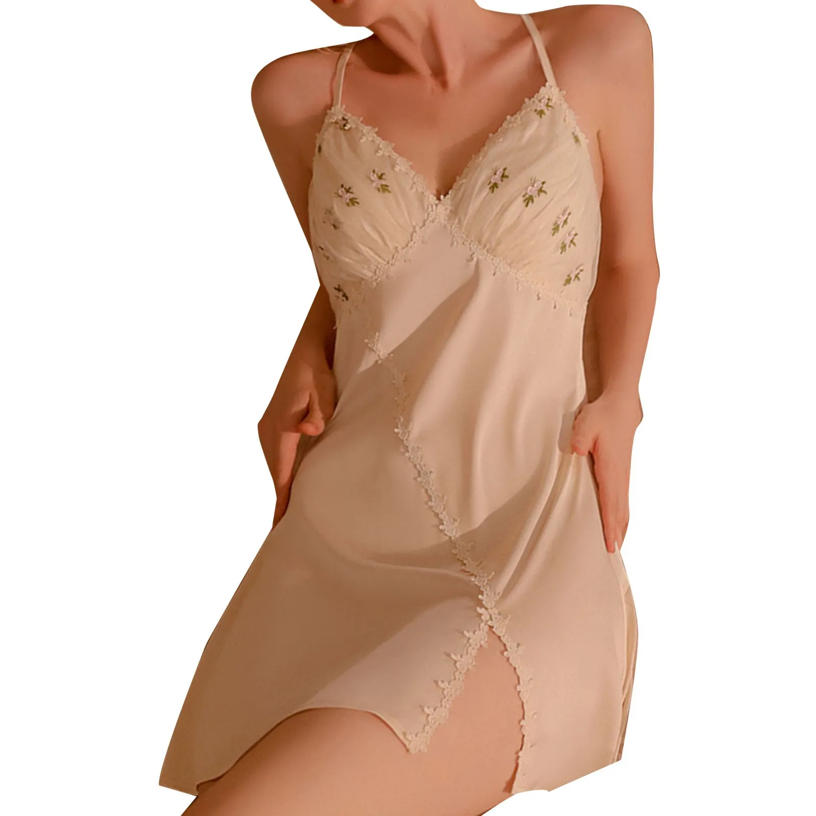 

Женская атласная ночная рубашка с цветочным принтом, с глубоким V-образным вырезом и открытой спиной