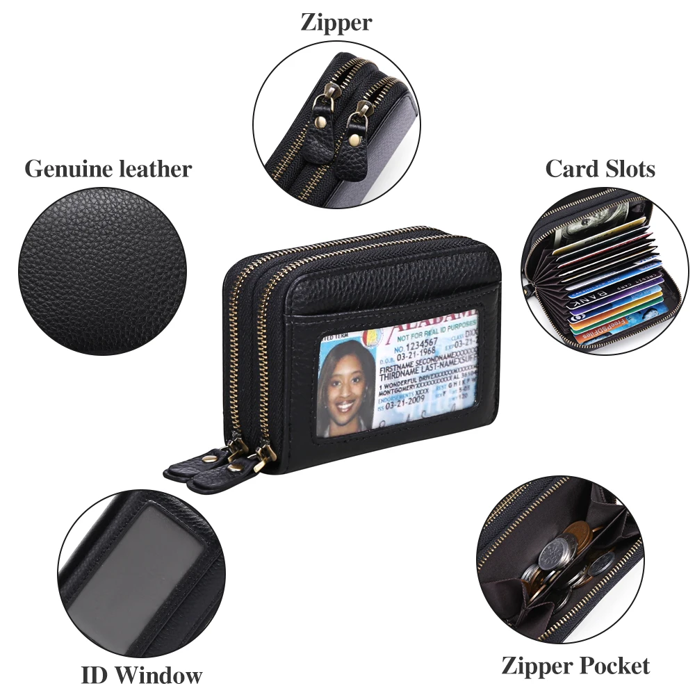 SENDEFN RFID Blocking Fashion Women Card Holder Genuine Leather Wallet Double Coin Zipper Large Capacity Female Wallet Purse