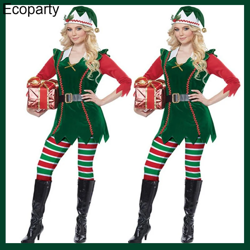 

Women Santa Cosplay Costumes Adult Green Elf Funny Santa Claus Dress With Hat Stocks Christmas Festival Fancy Outfits For Women