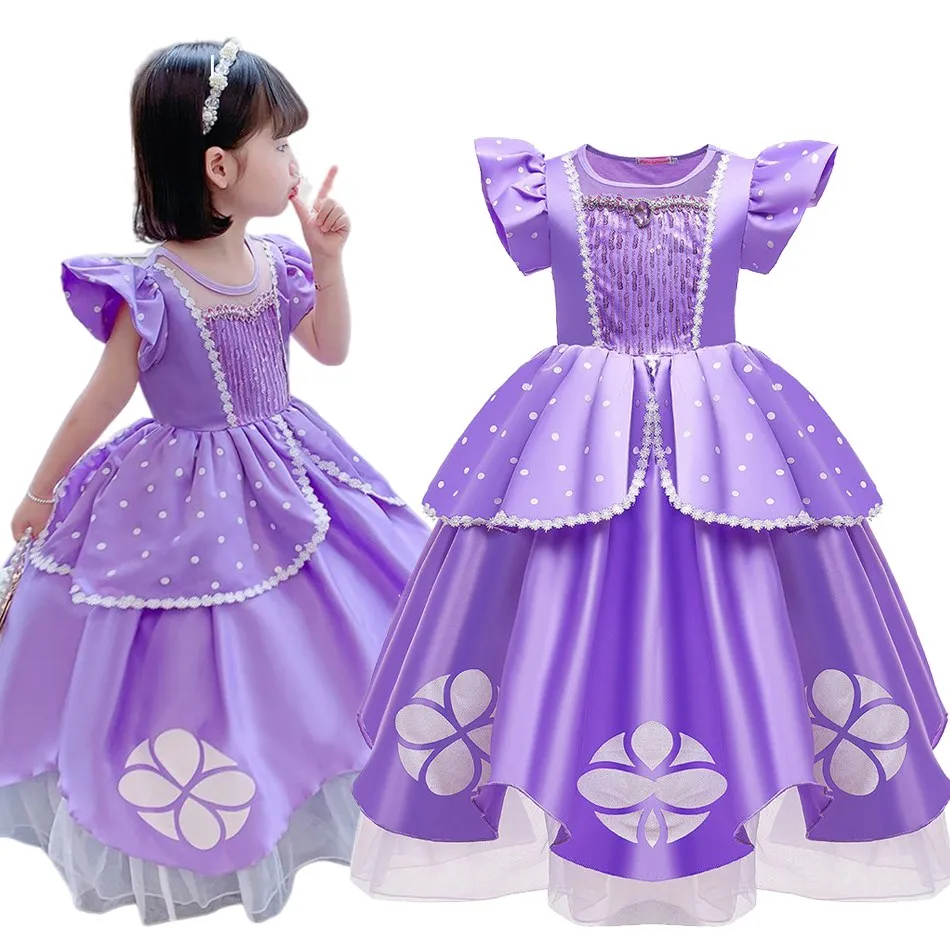 

Детский Рождественский костюм, платье Софии для маленьких девочек, детское платье с коротким рукавом и блестками, фиолетовые цветочные пла...