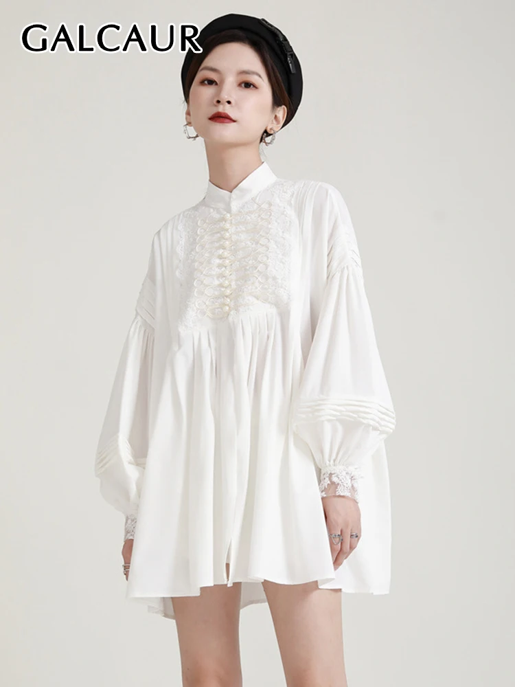 

GALCAUR Sweet Solid Dresses For Women Half High Collar Puff Sleeve Loose Waist Fashion Mini Dress Female Spring Style 2023 New