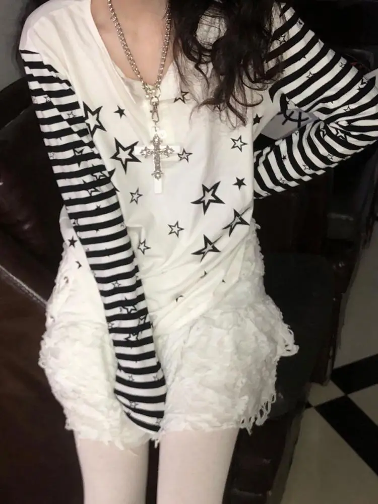 

long Sleeve Tshirts Women Harajuku Graphic Tee Y2k Tops Aesthetic Egirl Summer Thin T-shirt Goth Fake Two Pieces Patch