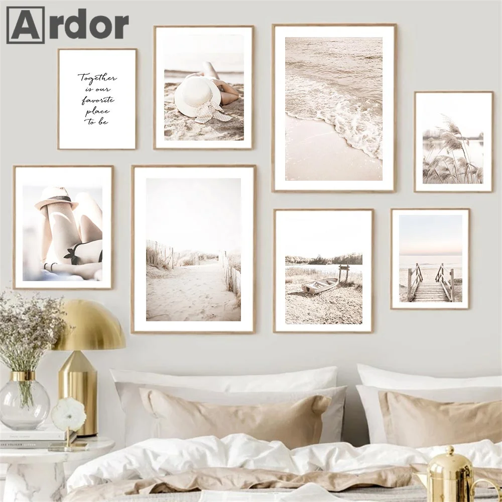 Настенная картина с изображением девушки лодки деревянного моста |