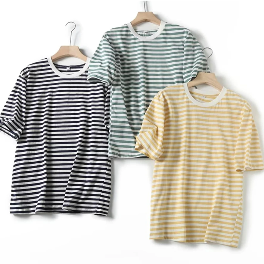 

Withered Couple Summer Pure Cotton Casual Basic T-shirt Top Boyfriend Style Fashion Simple Pinstripe Round Neck T-shirt