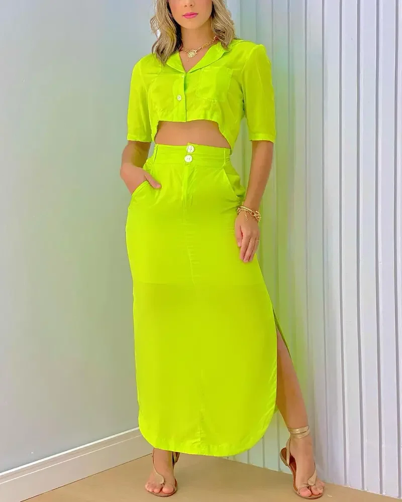 

Slit Hem Skirt Set Women 2022 Summer New Fashion Sexy Crop Top & Casual Office Pocket Short Skirts Suit Lady