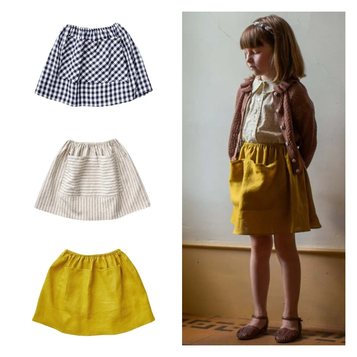 

Girls Skirt 2022 Spring and Summer New Girl Sp Linen Cotton Pocket Print Striped Skirt