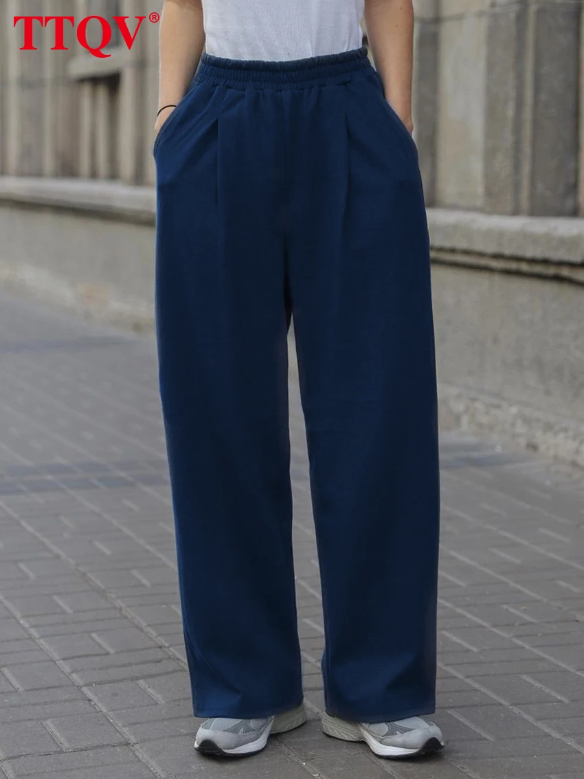 

TTQV Casual Loose Blue Women's Pants 2022 Autumn Fashion High Waisted Simple Trousers Vintage Office Lady Solid Straight Pants