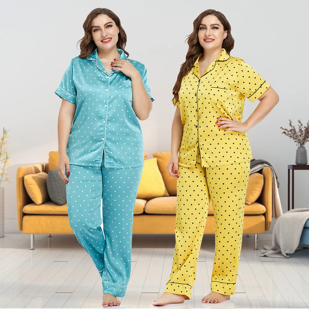 Women's European and American Large Size Ice Silk Cardigan Pajamas Ladies Homewear Lapel Short Sleeve Pants Two Piece Suit