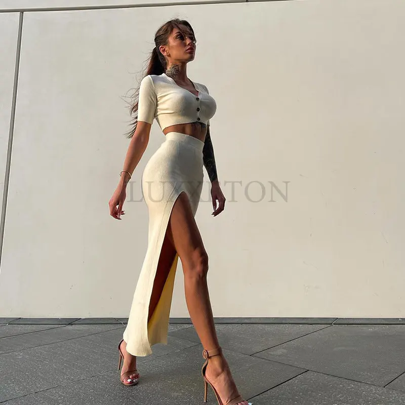 

Women Cropped Top Knitted Suits With Skirt Short Sleeve Sexy 2 Pieces Set Hip Package Split Long Skirts Lady Summer Suit