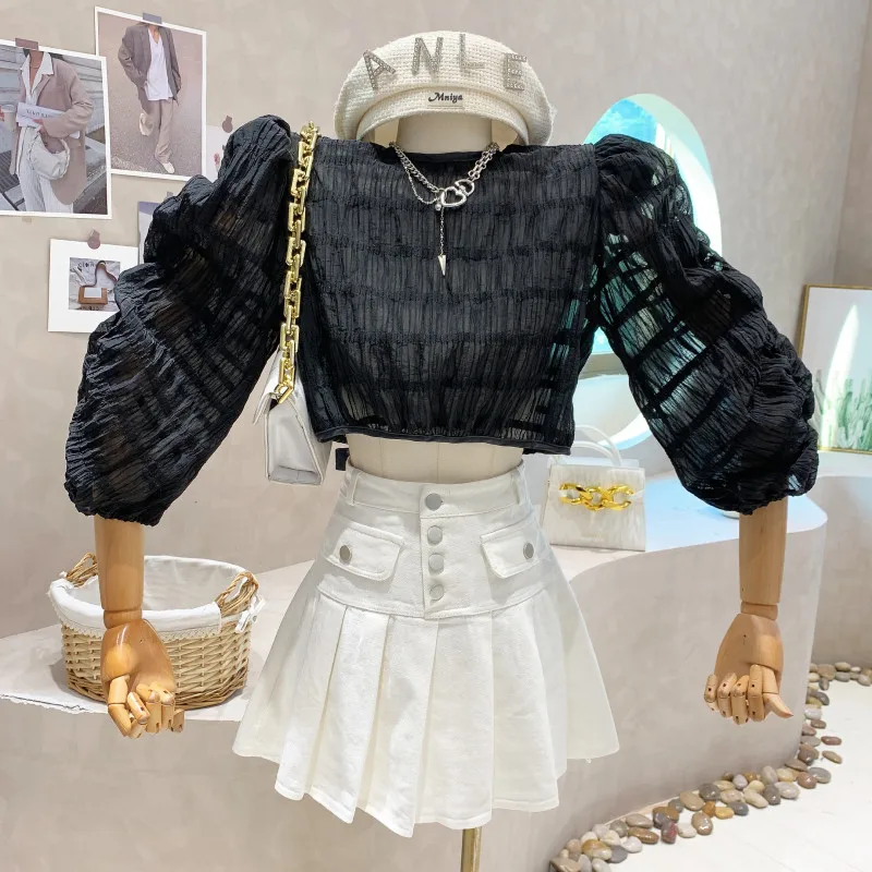

Новая женская одежда нишевого дизайна Лето 2022, Модная тонкая рубашка с длинным рукавом, пуловер, топ со шнуровкой и пышными рукавами, женска...