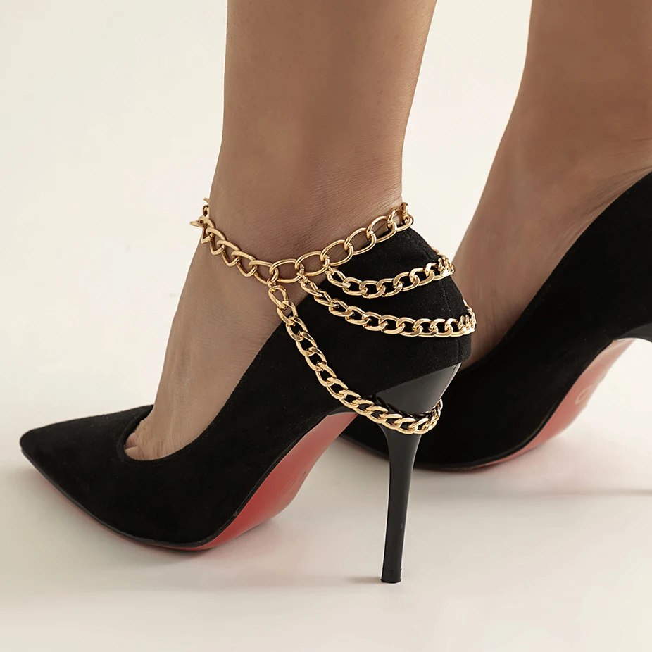 

Punk Multilayer Tassel Metal High Heel Shoe Chain Anklets Bracelets for Women Summer Beach Prom Sandals Deco Foot Jewelry Gift