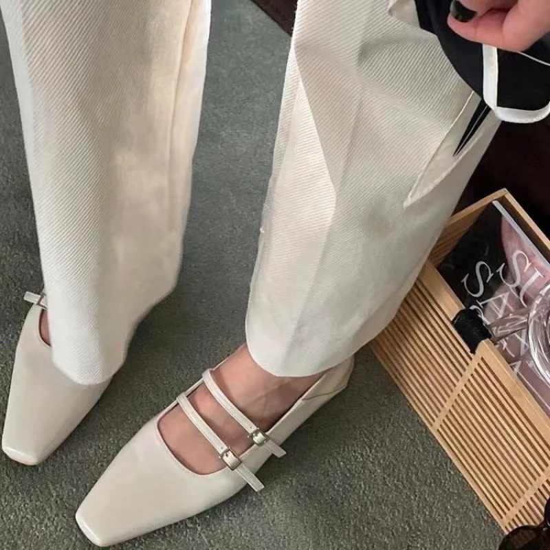 Eleganckie damskie baletki z płaską podeszwą Designerskie zakładki ze skóry bez sznurówek Wygodna miękka podeszwa Kwadratowe ...