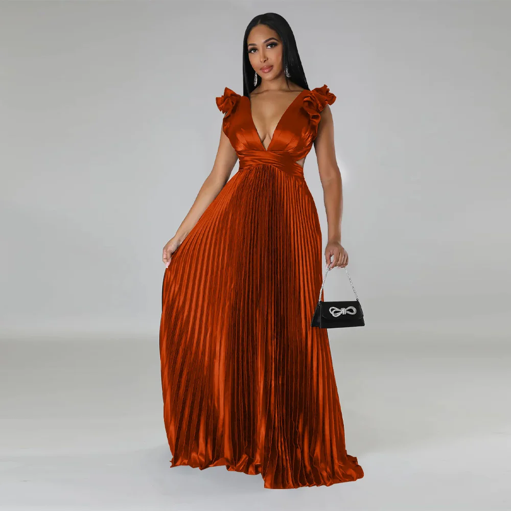 

Cutubly Elegant Long Formal Dresses For Women Evening Party Sexy Backless Deep V High Waist Pleated Dress Club Party Summer