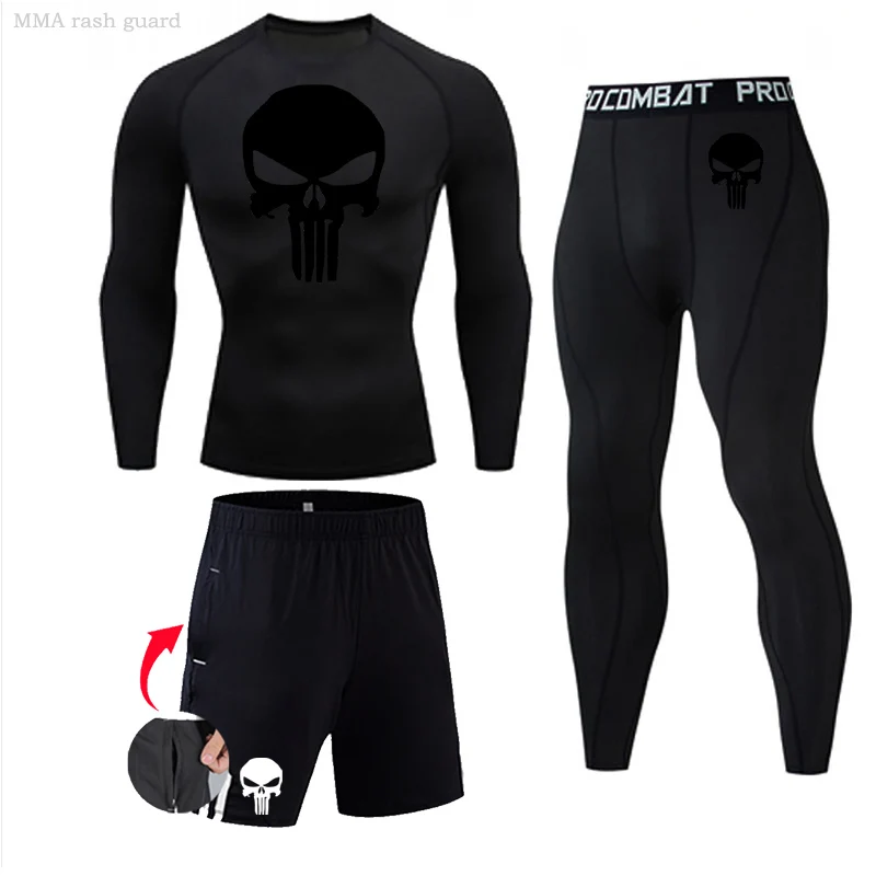 

Gym Clothing Men's Running Suit 3 Piecs Tracksuit Skull MMA rashgarda Quick Dry Workout Kit Compression Sports Thermal underwear