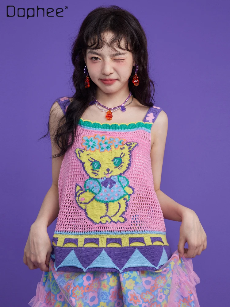 

Original Kawaii Cute Kitten Hollow Knitted Vest for Woman Student 2023 Autumn New Sweet Y2k Pink Openwork Sling Vest for Women
