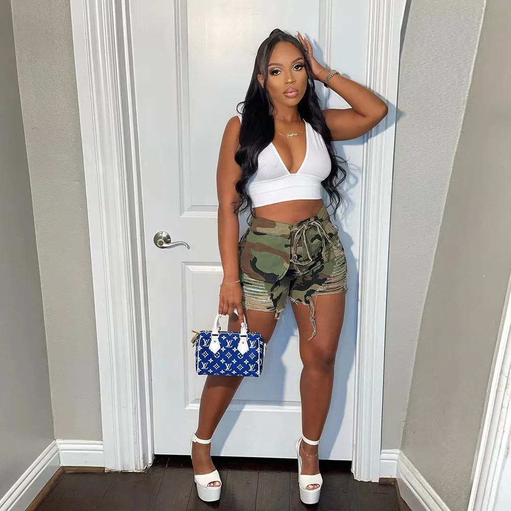 Summer Hight Waist Camouflage Shorts Fashion Tassel Hollow Out Jeans Pockets Short Pants Women Streetwear Loose Straight Shorts