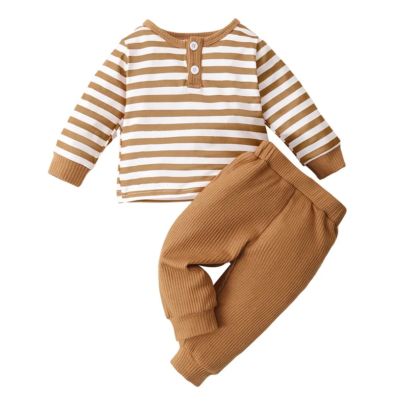 

3-24 Months Baby Boys Clothing Autumn Spring Buttons Stripes Tops and Ribbed Pants Set Casual Fashion Outfits Newborn Kids