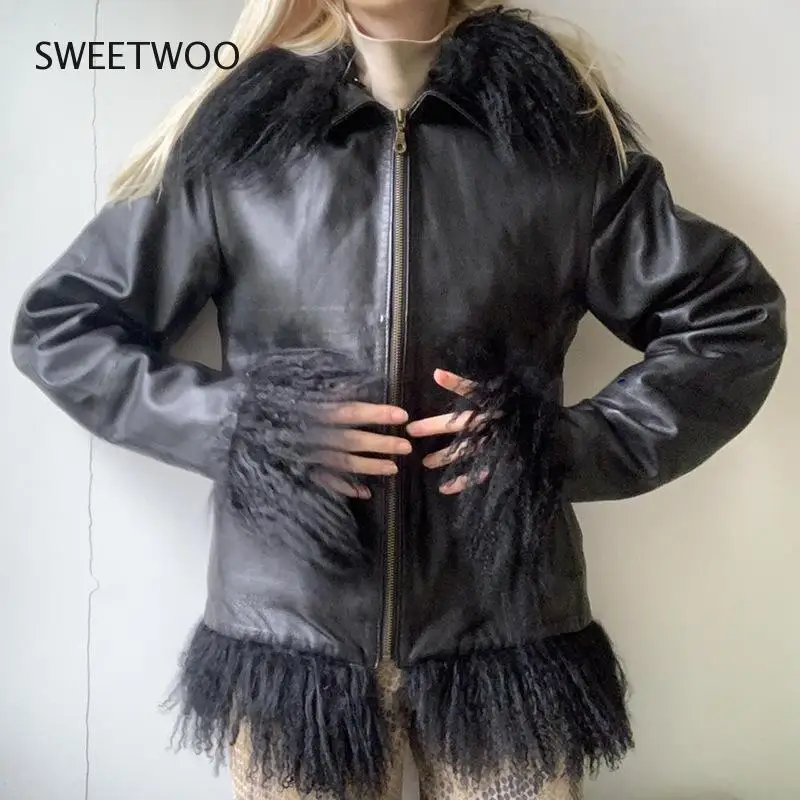 Autumn and Winter New Style Tassel Fur Stitching Artificial Leather PU Leather Jacket Black Zipper Loose Hooded Casual Jacket
