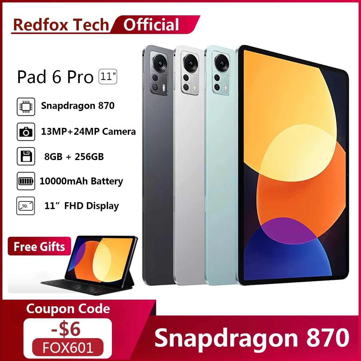 

Планшет 6 Pro, глобальная прошивка, Android 11, Snapdragon 870, 11 дюймов, 120 Гц, WQHD + дисплей, 8 ГБ, 256 ГБ, 10000 мАч