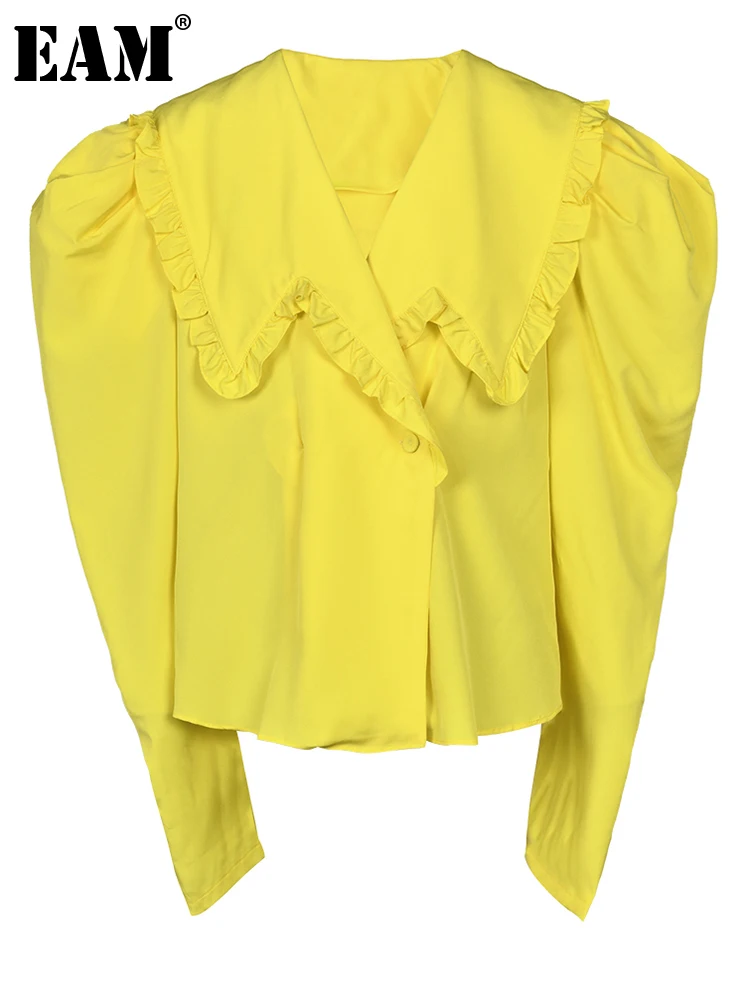 

[EAM] Женская Желтая Блузка с оборками, элегантная, с отворотом, с длинным рукавом, свободная, модная, весна-осень 2023, CP1509